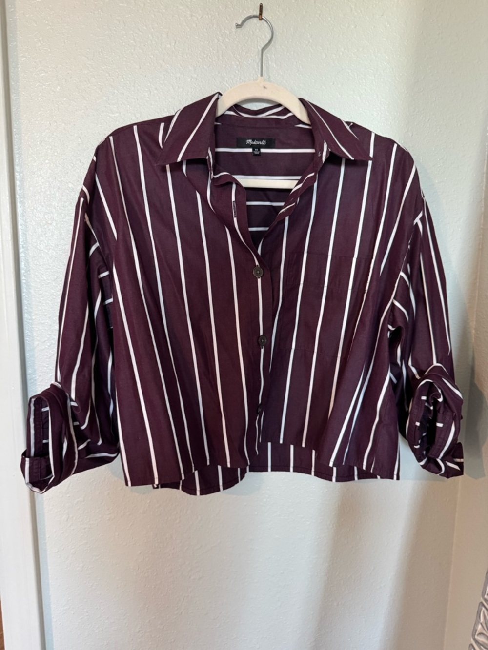 Madewell Burgundy and White Striped Button-Up Crop Shirt